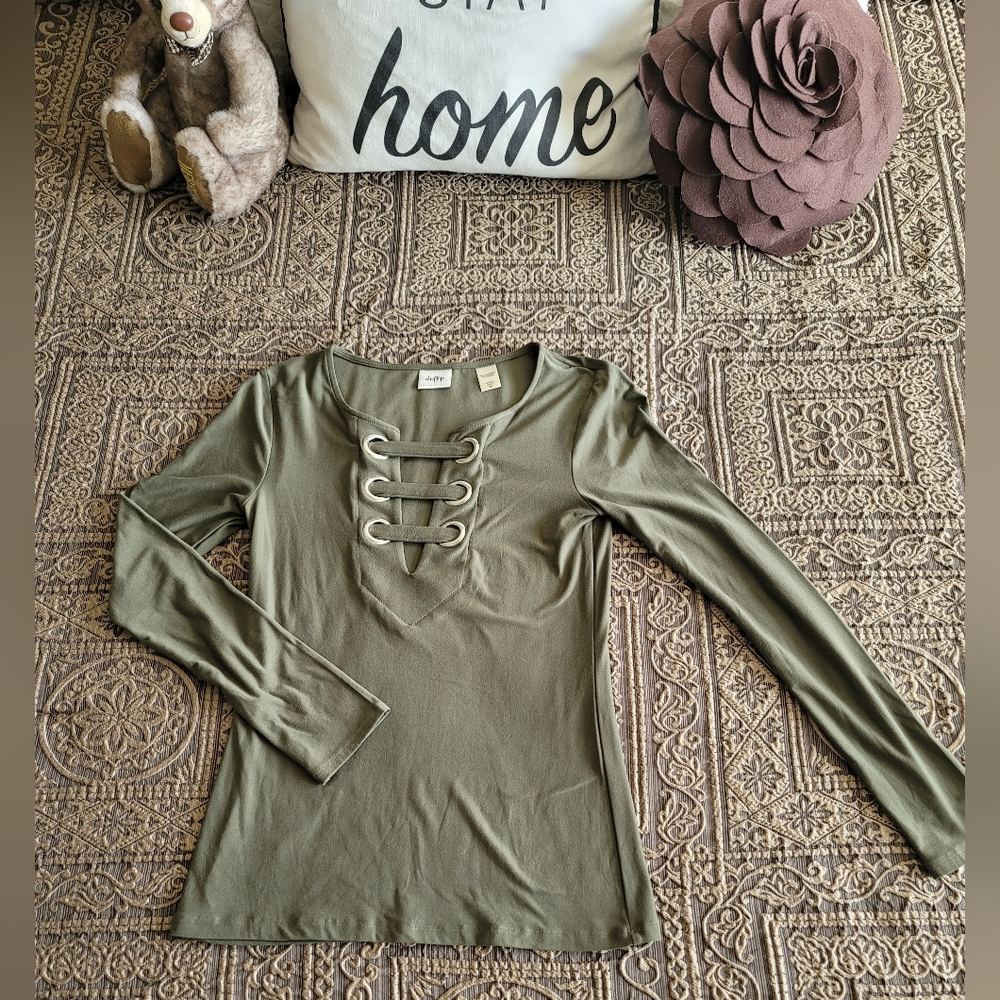 Daytrip Strappy Front Long Sleeve Olive Green Top - Size XS